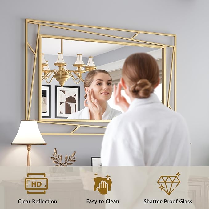 Brushed Gold Bathroom Mirror, Hang Horizontally or Vertically