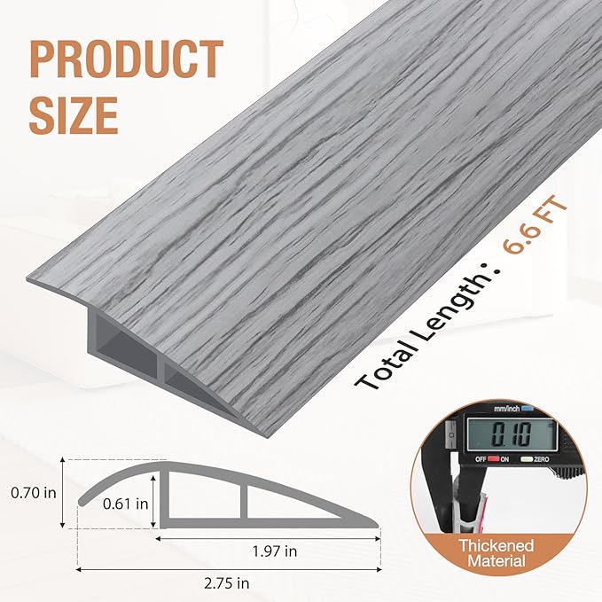 Floor Transition Strip Self Adhesive Vinyl Door Threshold for Doorways Carpet Edging Trim Overlap Edge Reducer for Laminate Floor, Carpet, Tile (Light Gray Wood Grain, 2/5" to 3/5", 6.6Ft)