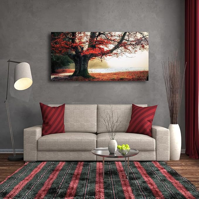 Stunning Nature Landscape Wall Art - 24x48 inches Canvas Artwork of Sunrise Forest Scenery with Red Leaves. Perfect Wall Decoration for Living Room, Bedroom and More