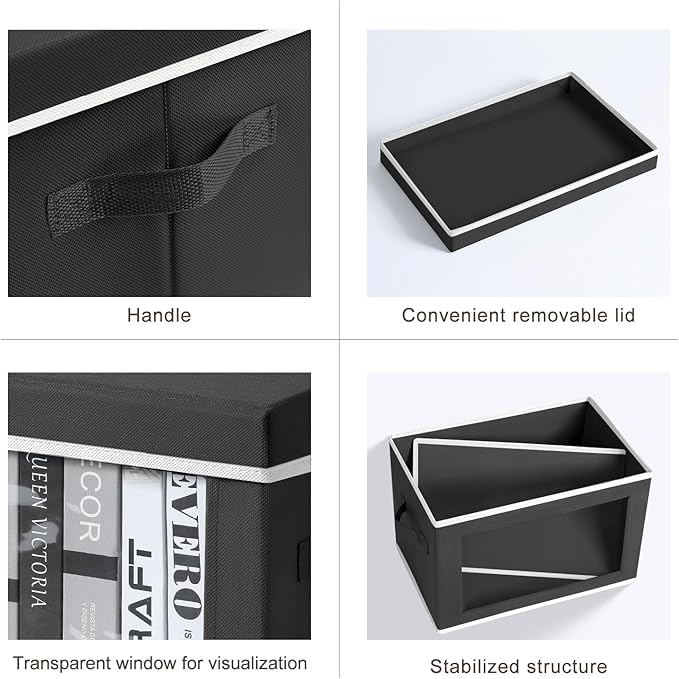 Large Storage Baskets Bins with Lids - Stackable Cube Bins for Closet, 3 Pack Black Windows Organizer Bins, Home Organizers and Storage for Clothes, CD, Towels