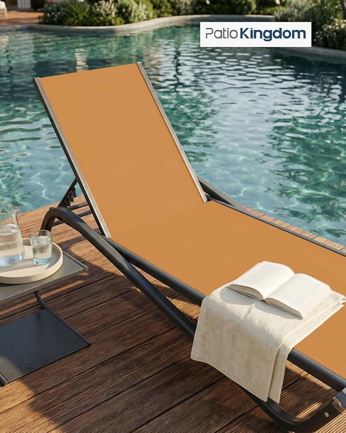 Patio Chaise Lounge Chairs Set of 6, All-Weather Aluminum Pool Loungers for Outside, 5-Position Adjustable Sunbathing Chairs for Tanning, Stackable for Backyard, Poolside, Solar Orange