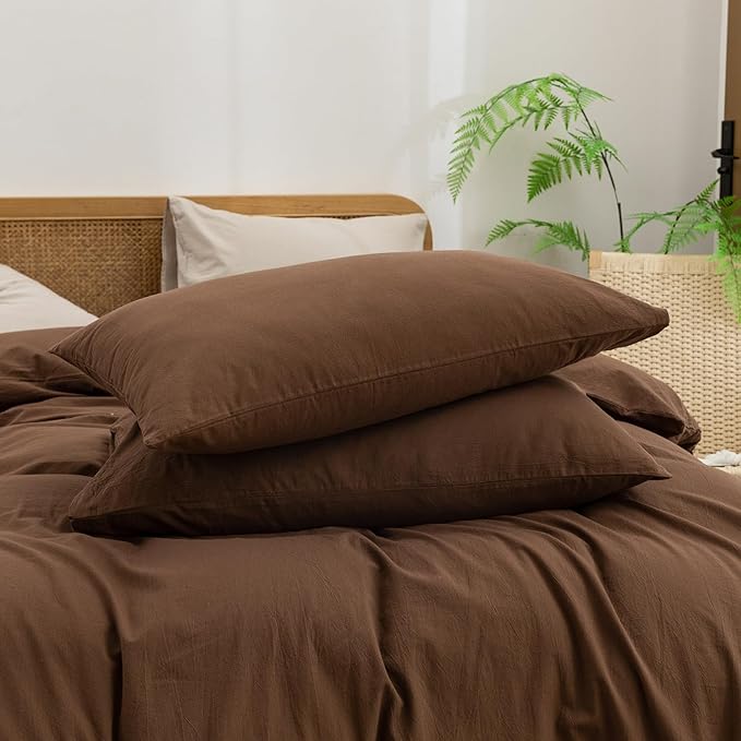 BESTOUCH Duvet Cover Set 100% Washed Cotton Linen Feel Super Soft Comfortable Chic Lightweight 3 PCs Home Bedding Set Solid Cocoa Brown Super King Plus