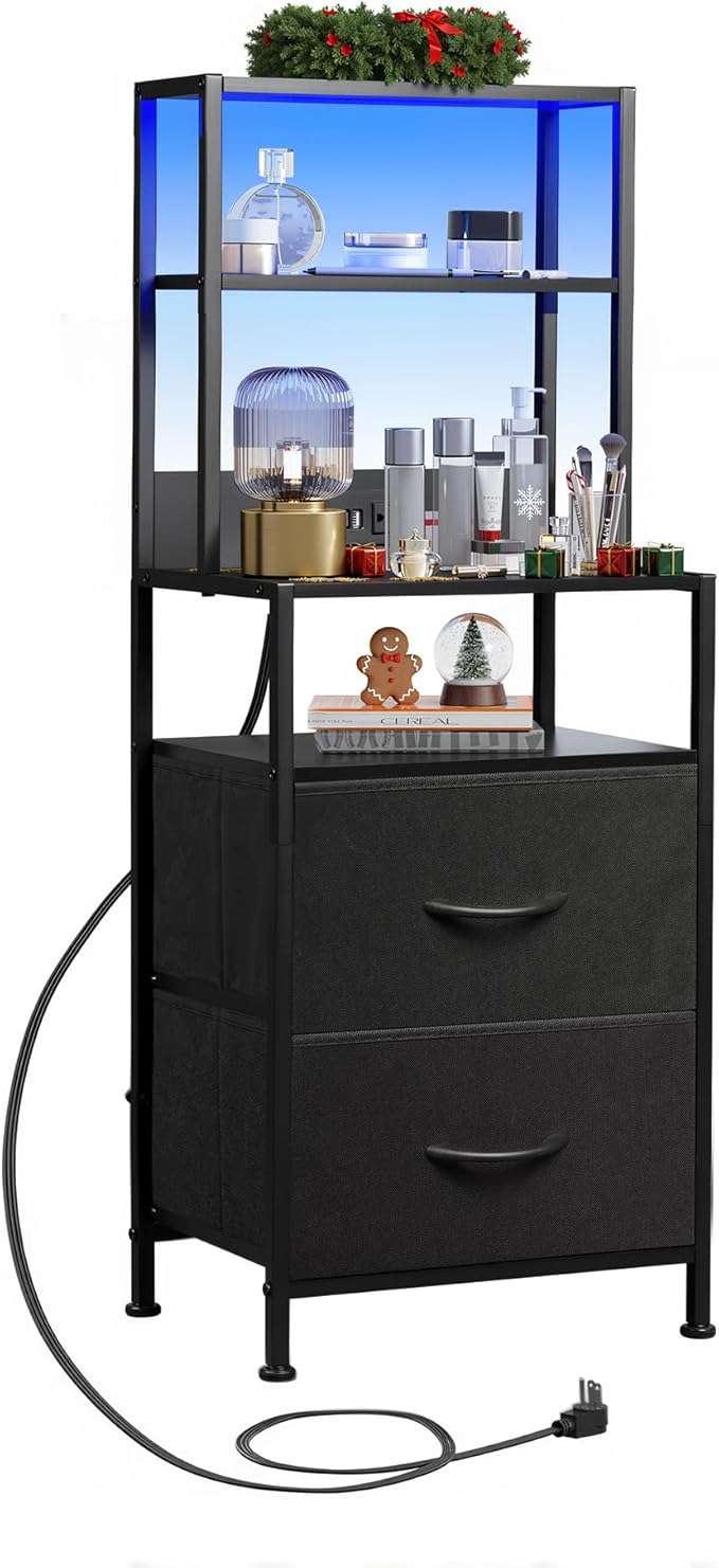 WLIVE Nightstand with Charging Station, LED Night Stand with 2 Drawers and 4 Storage Open Shelves, Fabric Dresser for Bedroom, Black