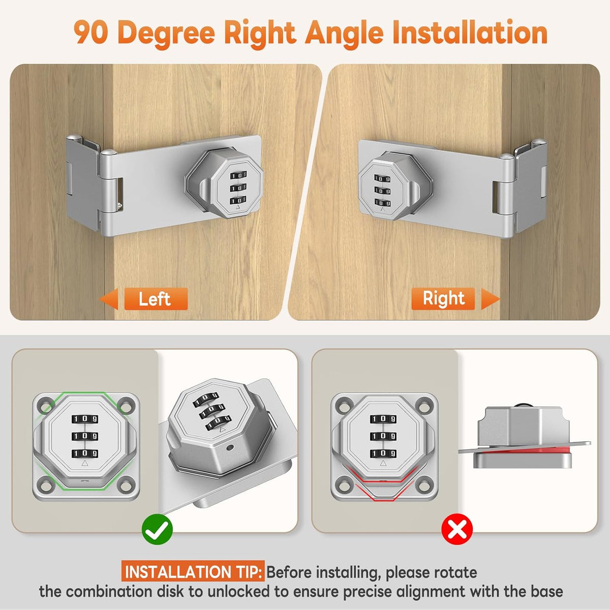 90 Degree 3-Digit Combination Cabinet Lock, Zinc Alloy Keyless Folding Hasp Lock Latch, Password Security Rotary Door Latch for Office File Cabinet, Drawer, Locker, Cupboard (1, Silver)