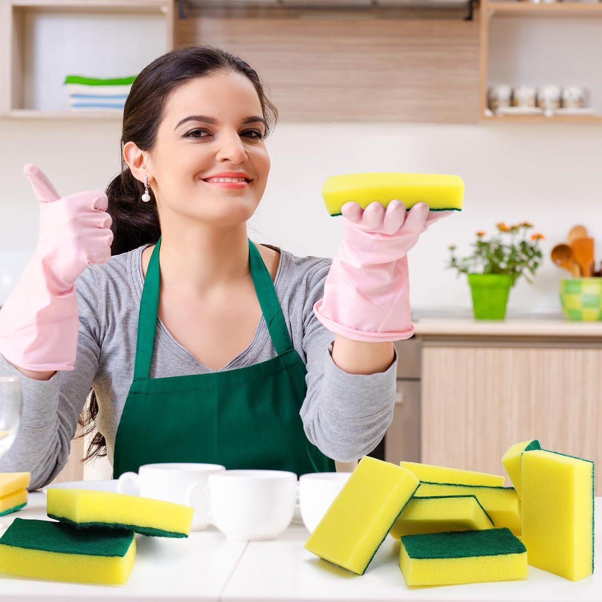 Tanlade 1000 Pcs Individually Wrapped Sponge Dishwashing Sponge Bulk Non Scratch Scrub Sponges Kitchen Scouring Pad for Household Cleaning Rental Dishes Hotel Apartment Car (Yellow,Green)