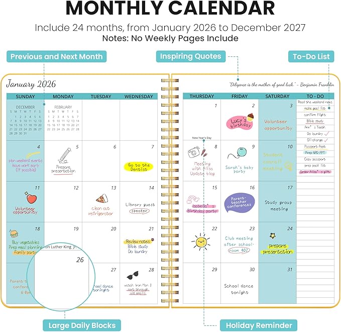 Monthly Planner 2026-2027, 2 Year Months Calendar Planner 2026-2027, Runs from January 2026 - Decembe 2027, 7" x 10", 24 Months, Perfect for School Office Home Planning - Yellow