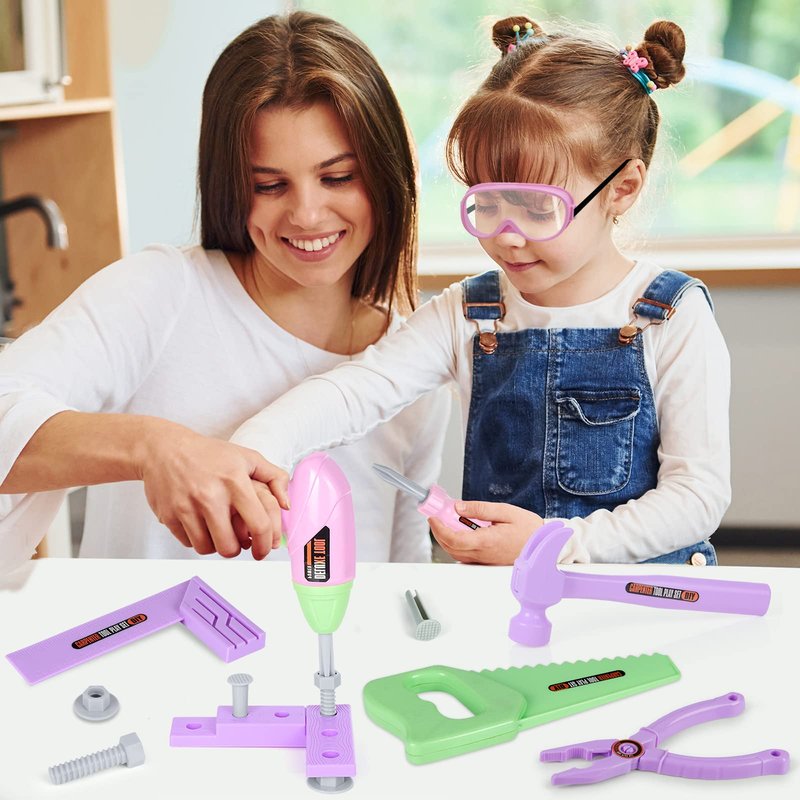 Kids Tool Set - Toddler Tool Playset with Toy Drill, Toy Tool Box, Construction Tools - Pretend Play Toddler Girl Toys Gifts for Toddlers Kids Aged 3 4 5 6 (Pink Tools)