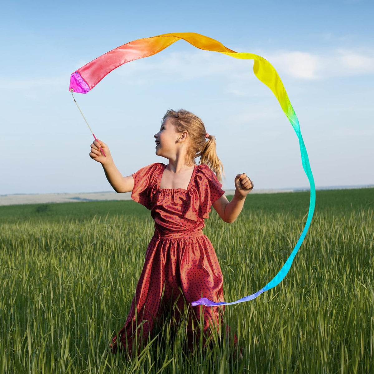 Skiennix 100% Silk Dance Ribbon Twirlers - Rainbow Play Silks for Kids | Perfect Gift for Gymnastics & Outdoor Fun