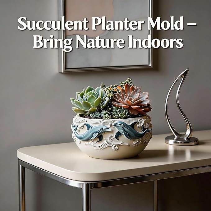 1Pc Dolphin Jar Silicone Mold, 3D Ocean Wave Bowl Resin Mold for Epoxy Casting Succulent Planters, Concrete, Clay, Candle Holders, Storage Box, Trinket Dishes DIY Home Decor Handmade Gifts