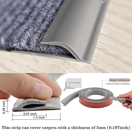 Self Adhesive Carpet Transition Strip with Edge Trim, Designed for Seamless Transitions from Carpet to Tile or Vinyl Floors, Perfect for Doorways.(Gray,50ft)
