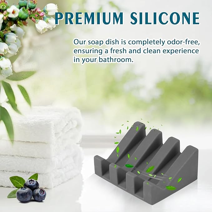 Silicone Soap Dish for Bar Soap Holder for Shower Bathroom Self Draining Waterfall Drying Tray Keep Soap Bars Dry Clean & Easy Cleaning (Gray, 1)