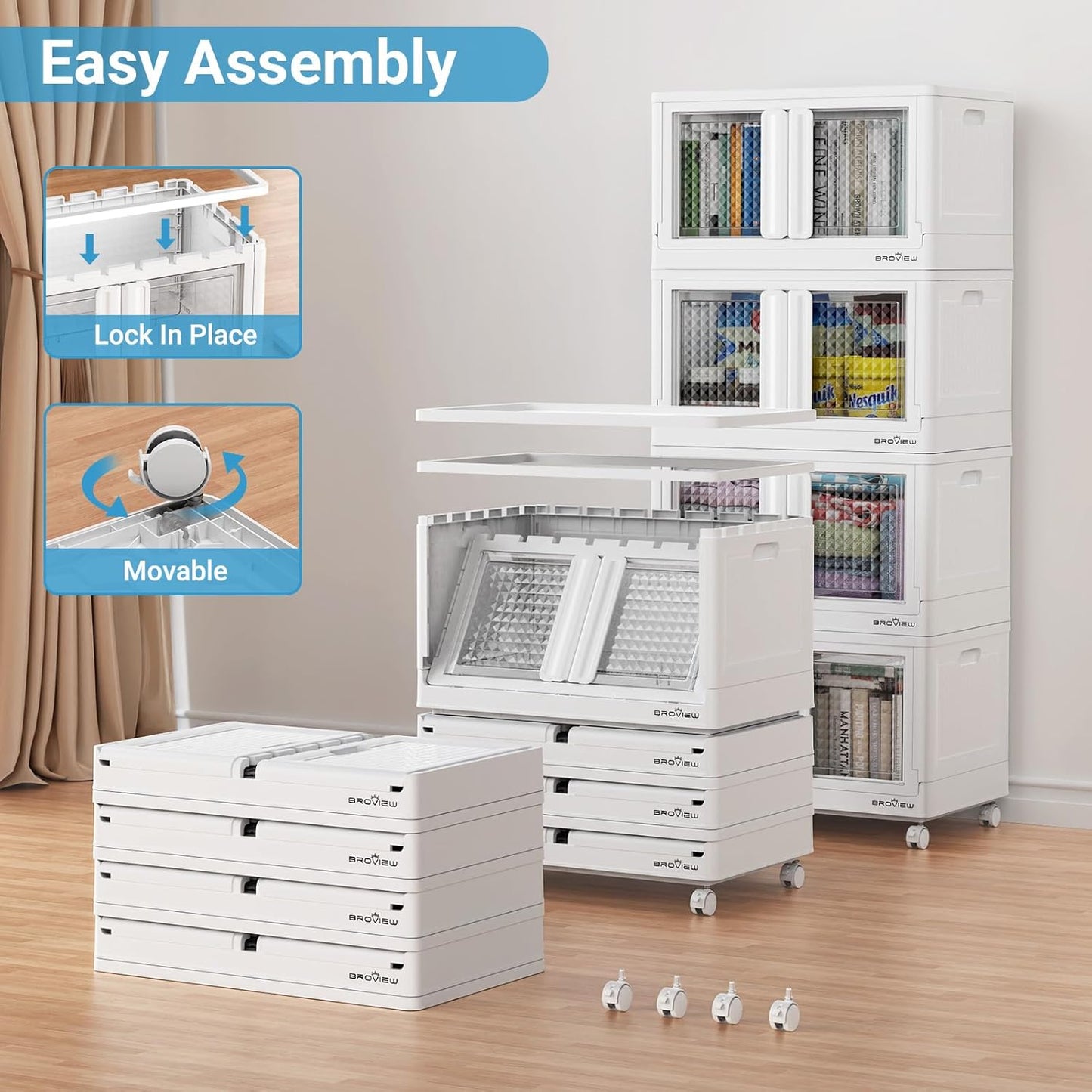 BROVIEW 140Gal Stackable Storage Bins with Lids & Wheels, 560Qt Plastic Collapsible Closet Organizer and Storage Drawers, Storage Boxes Cabinets for Home, Office, 7 Pack, White