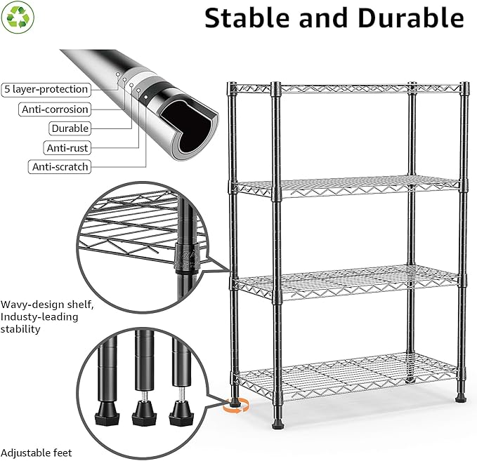 1000 lbs Storage Shelving Steel Heavy Duty 4-Tier Utility Shelving Unit Steel Organizer Wire Rack for Home,Kitchen,Office,Black (13.7" D x 23.6" W x 53.4" H)