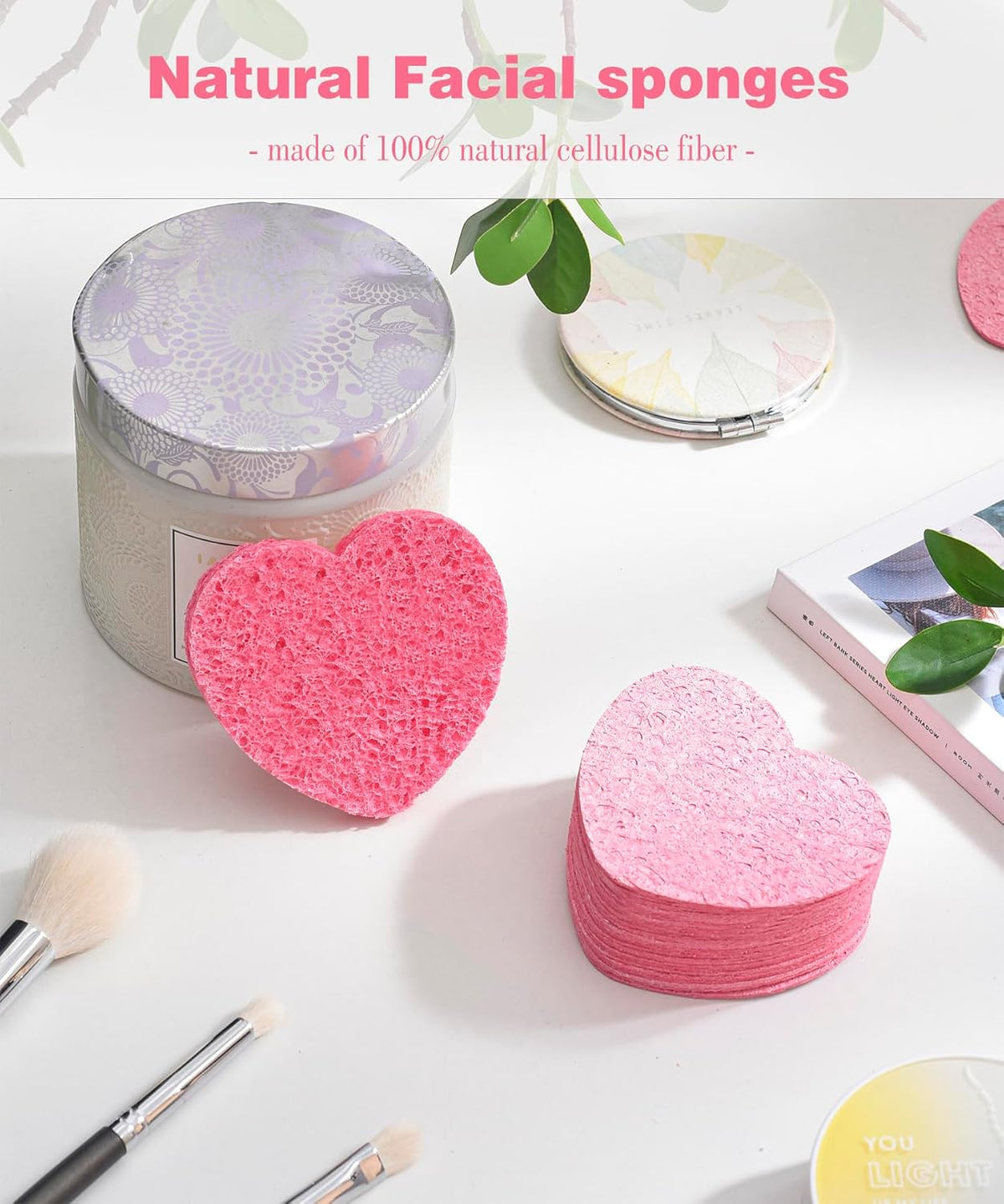 50-Count Compressed Facial Sponges for Estheticians- 100% Natural Cellulose Face Sponge Spa Sponges for Face Cleansing, Massage, Pore Exfoliating, Mask, Makeup Removal (Love-Pink)