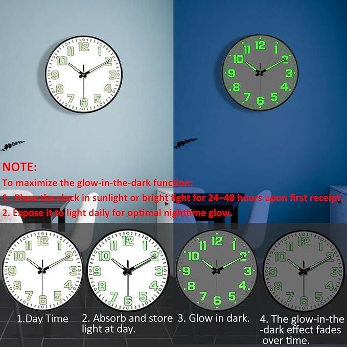 12 Inch Silent Wall Clocks Battery Operated, Glow in The Dark Wall Clock
