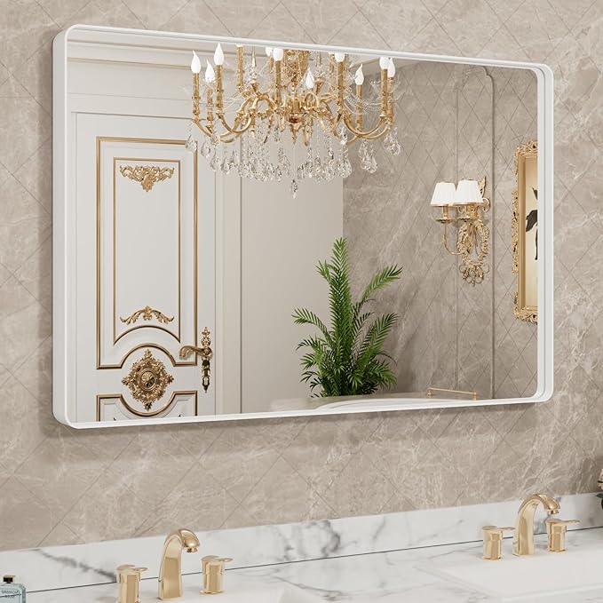 LOAAO 48x32 Inch White Metal Framed Bathroom Mirror