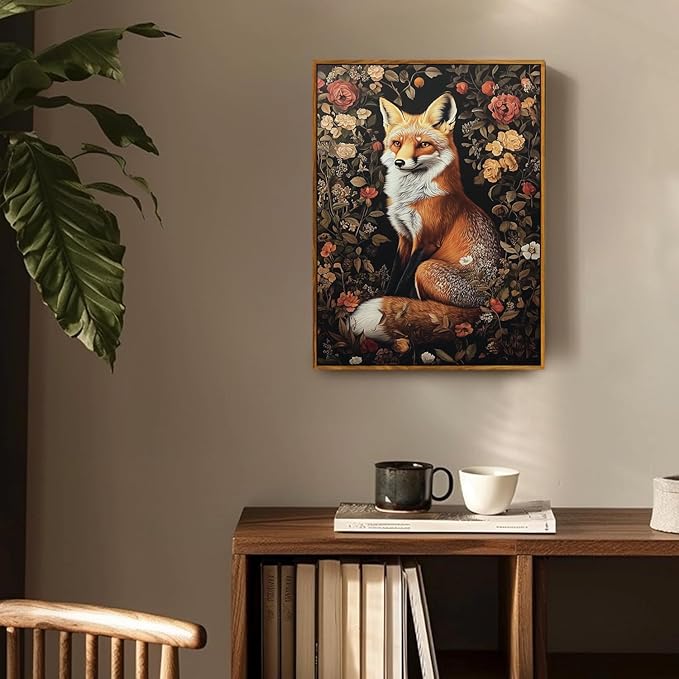 Djmwtb William Morris Framed Wall Art Fox Canvas Wall Art Prints Vintage Animal Painting Boho Flower Floral Botanical Pictures Artwork for Living Room Bedroom Office 12x16in