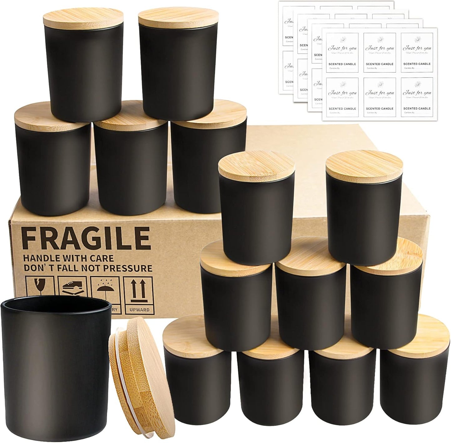 CONNOO 15 Pack 7 OZ Halloween Candle Jars with Bamboo Lids for Making Candles, Thick Black Glass Candle Jars Empty Jars in Bulk with lids - Dishwasher Safe