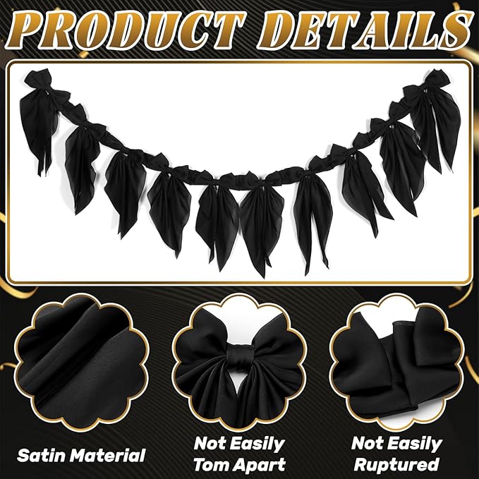 VitalCozy 1 Pcs Black Bow Garland Banner, Halloween Satin Ribbon Hanging Party Bow Garland Decoration for Birthday Wedding Halloween Party Supplies