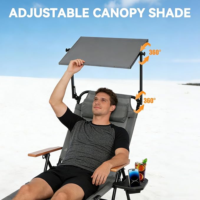Beach Lounge Chair with Sun Shade, Folding Outdoor Chaise Lounge Chair with Arms, 4-Position Backrest, Extended Sun Tanning Chair Pillow & Cup Holder, Patio Lounger for Outside for Beach Pool(Gray-U)