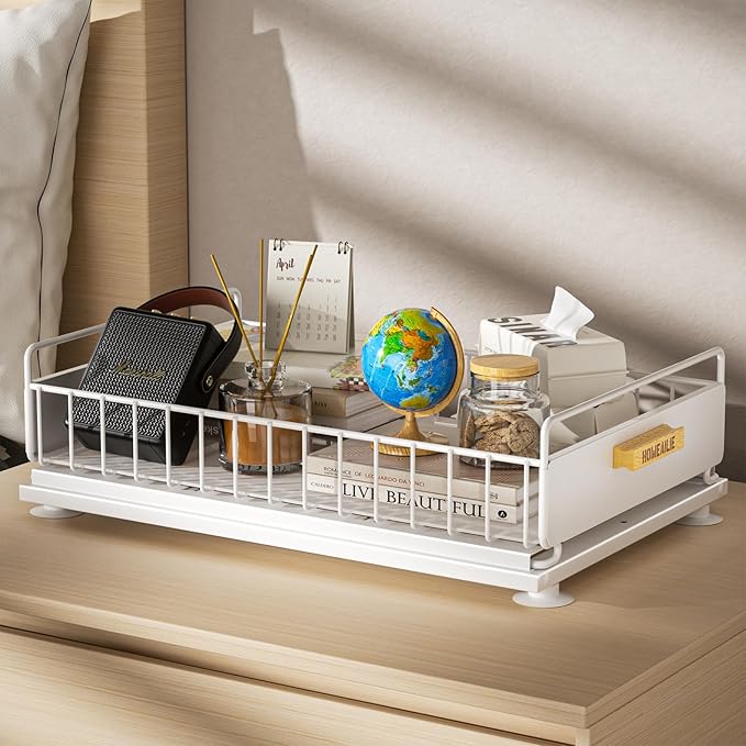 Under Sink Organizer, Single Tier Metal Pull Out Sliding Drawer Shelf for Kitchen Bathroom Cabinet Storage, Sturdy Rack – White