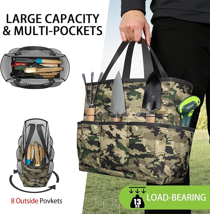 Green Camo Garden Tool Bag - Waterproof Garden Tote with 8 Pockets, Large Storage Home Organizer Gardening Tool Oxford Bag for Garden Tools Kits Holder, Ideal Outdoor Gardening Gift for Women & Men