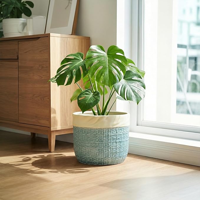9.8 Inch Plant Pot - Ceramic Pots for Plants with Drainage Hole, Boho Plant Pots for Indoor Outdoor Plants, Decorative Round Planters, Porch Office Home Decor, Housewarming Gifts, Blue