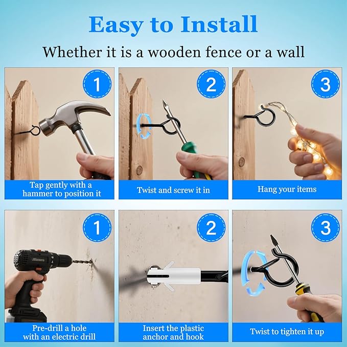 24 Pack Black Screw Hooks with Safety Buckle - 2.3 Inch Rustproof Eye Ceiling Hooks for Hanging Plants,Outdoor String Lights,Baskets,Christmas Lights & Decor,40lb Capacity (24, Black)