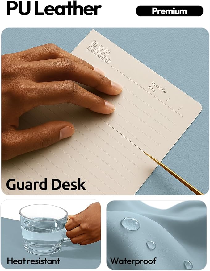 YSAGi Leather Desk Protector, Office Mat, Large Mouse Mat, Non-Slip PU Leather Blotter, Laptop Pad, Waterproof Writing Pad for Office and Home (Ice Blue, 47" x 17")