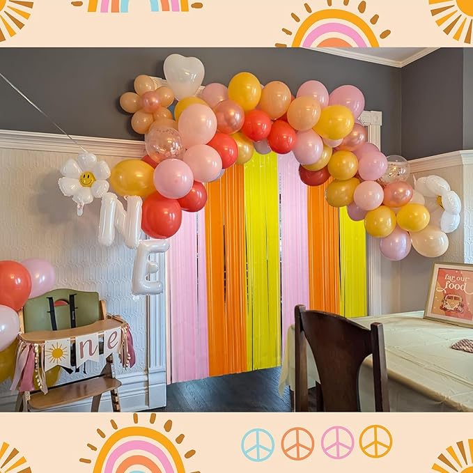 Groovy Foil Fringe Curtains Backdrop Birthday Party Decorations, 2 Pack 3.28 x 6.56 Ft Orange Yellow Pink Tinsel Streamer Photo Booth Props for Girls Hippie Thanksgiving Retro Themed Decor Supplies