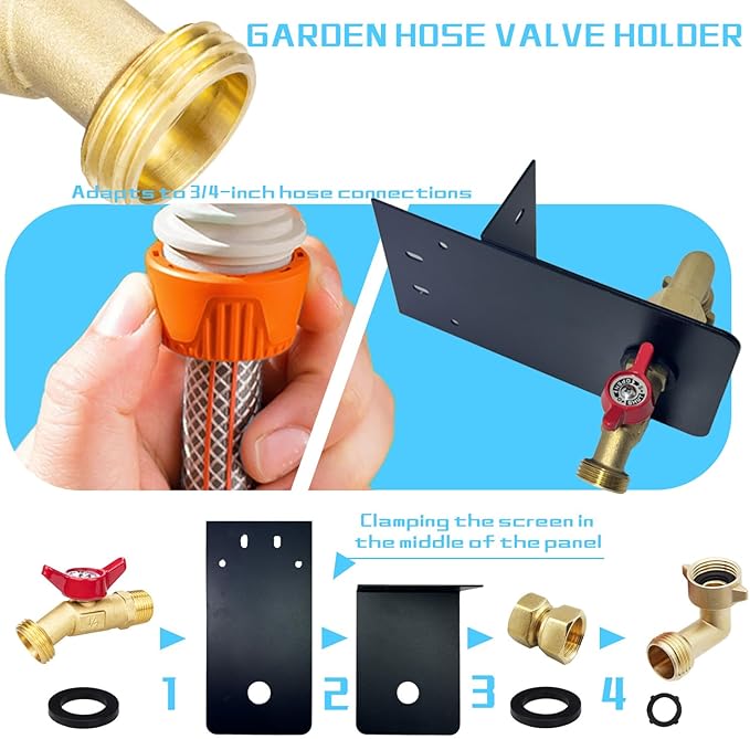 Garden hose faucets, backyard hose holders, outdoor balcony Hose Bibb Valve, faucet screen clamping bases, faucet holders for laying a hose in a lanai or any screened window (BLACK)