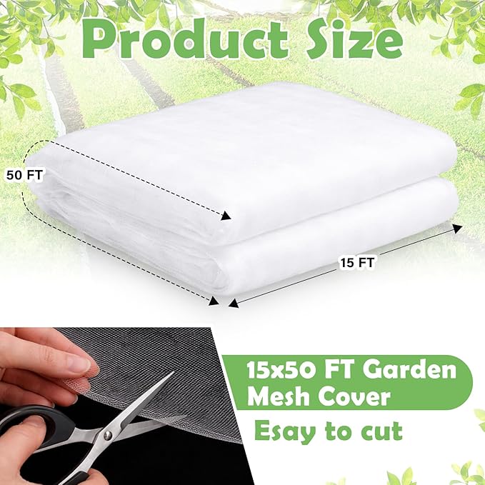 Garden Insect Netting for Raised Beds Extra Large Fruits Tree Netting Pest Barrier White Ultra Fine Mesh Row Bed Covers Net for Vegetable Fruit Protection from Insect Bird Animals(15 x 50 ft)