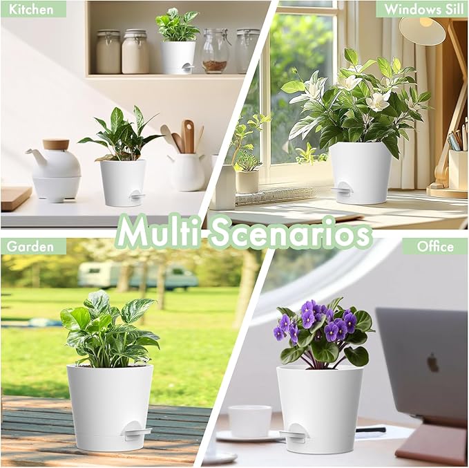 WSMKSZ 7/6.5/6/5.5/5/4 inch Self Watering Pots for Indoor Outdoor Plants, 6 Pack Plastic Flower Planters with Drainage Holes and Removable Saucers, Plant Pots with Wicking Rope, Modern Decor, White