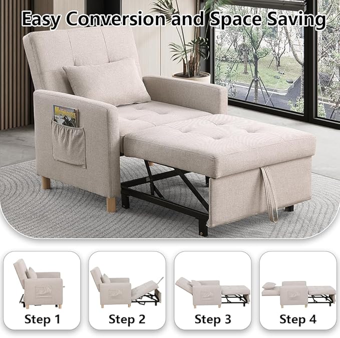 Convertible Sleeper Chair,Pull-Out Sofa Bed with Adjustable Backrest, Multi-Functional Lounge Chair for Living Room, Space-Saving Modern Accent Furniture (Beige)