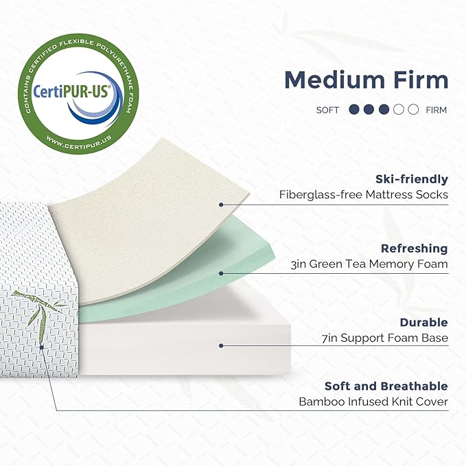 Twin XL Mattress, 10 Inch Memory Foam Mattress in a Box with Breathable Bamboo Cover, Green Tea Twin XL Size Mattress Made in USA for Cool Sleep & Pressure Relief, Medium Firm, CertiPUR-US Certified