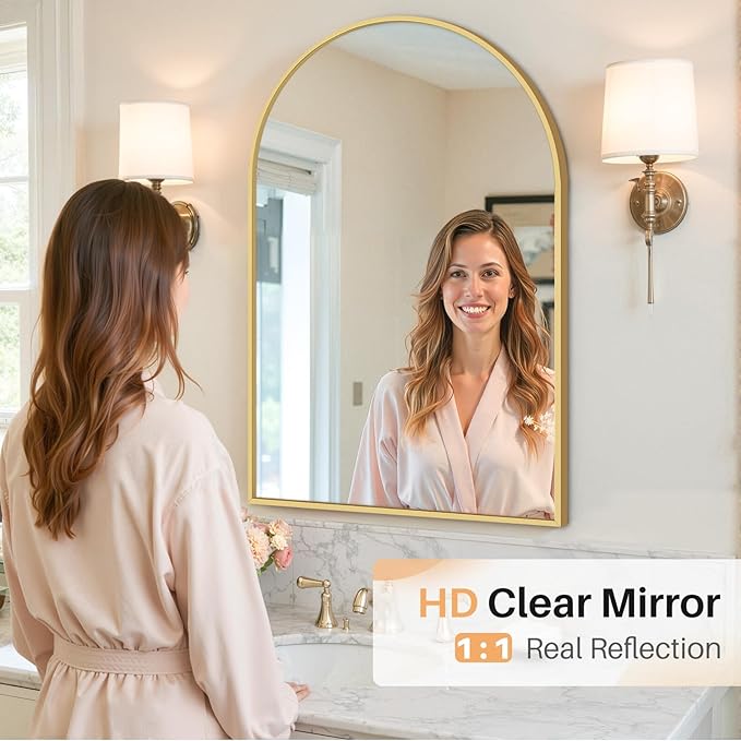 Bathroom Mirror for Wall, 36x24 Inch Arched Mirror, Matte Gold Metal Framed