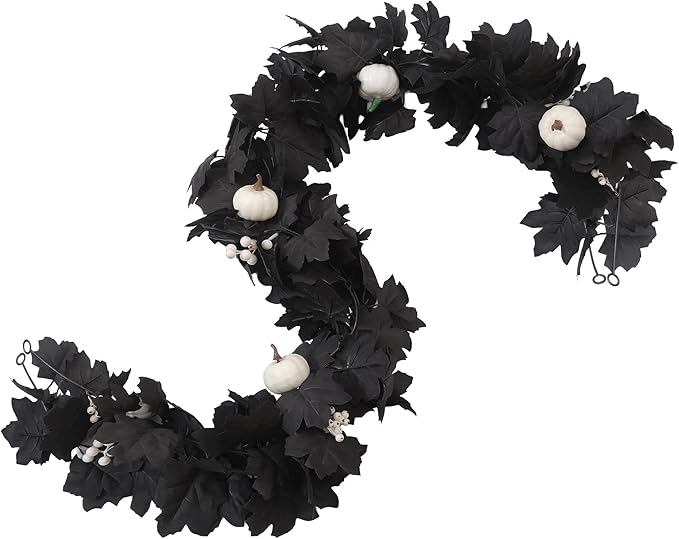 Artificial Fall Garland with Maple Leaves, Pumpkins & Berries – 7ft Black Autumn Garland for Thanksgiving, Fireplace Mantel, Doorway & Fall Harvest Table Decor,Halloween Decor