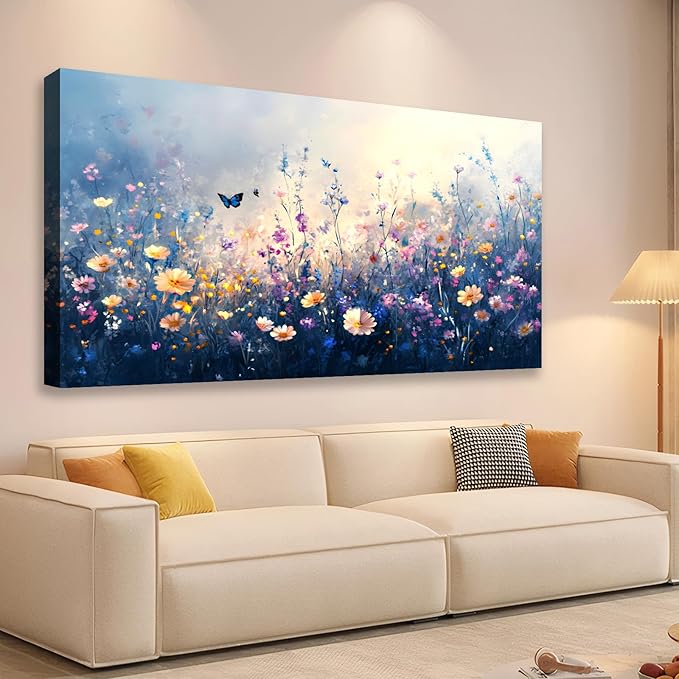 JLXART Canvas Wall Art Colorful Wildflower With Butterflies Wall Decor Purple and Yellow Poppy Floral Artwork Flowers Prints Paintings for Living Room Home Decorations,24x48inch