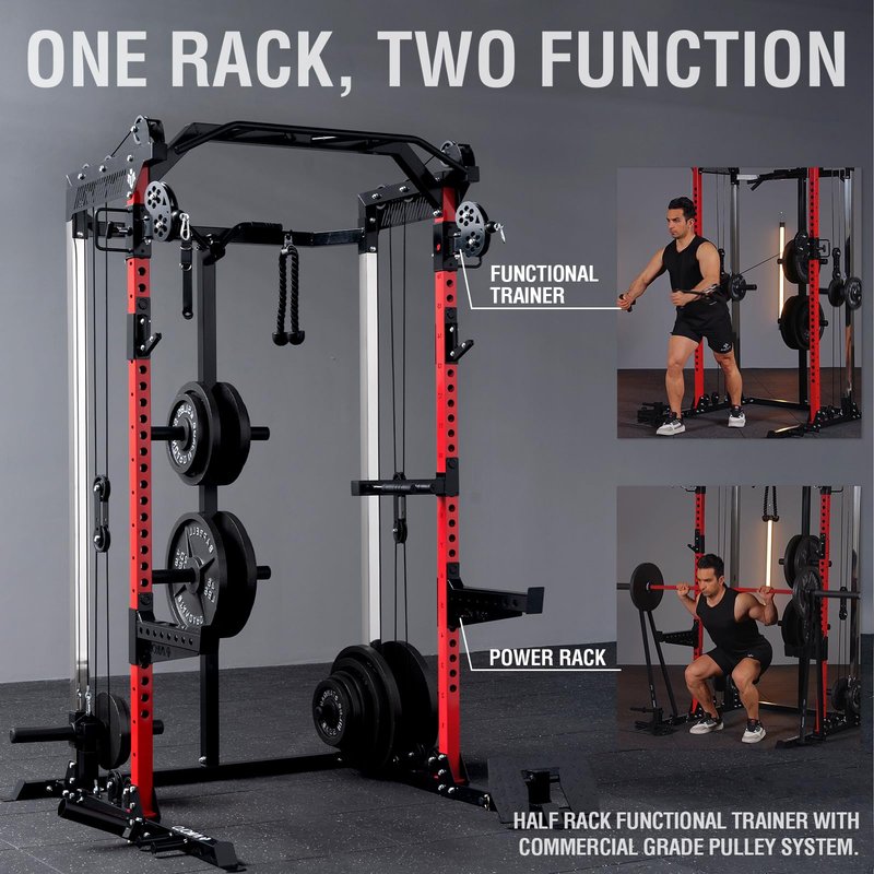 Mikolo Power Cage, 2000LB Power Rack with Independent Dual Pulley System, Multi-Function Home Gym Workout Machine for Cable Crossover (Red)