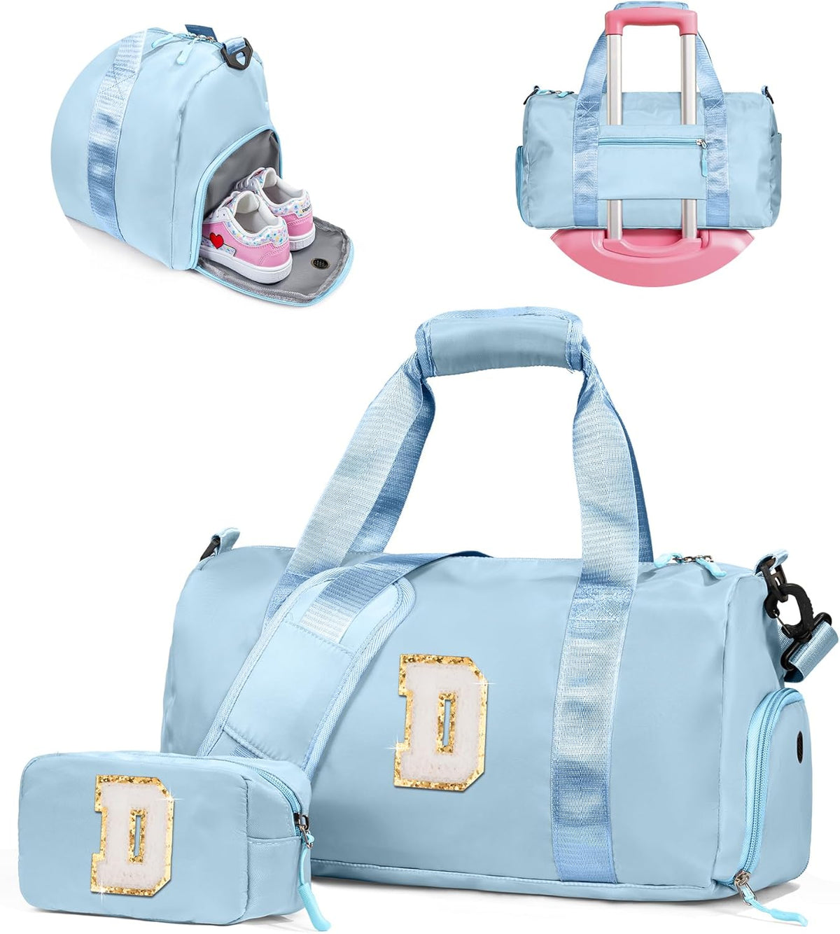 Skiennix Girl Gym Bag - Personalized Weekender Tote with Shoe Compartment & Makeup Pouch (Letter D)