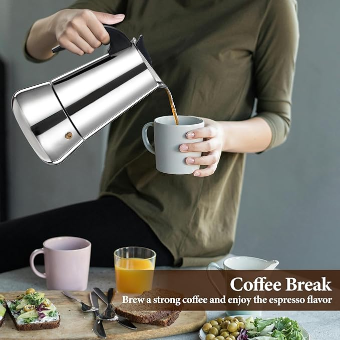 4 Cup Moka Pot Percolator Italian Coffee Maker 200ml Stovetop Espresso Mocha Stainless Steel Greca Coffee Maker Classic Cafe Makers Suitable for Induction Cookers Ceramic Stoves Tummy