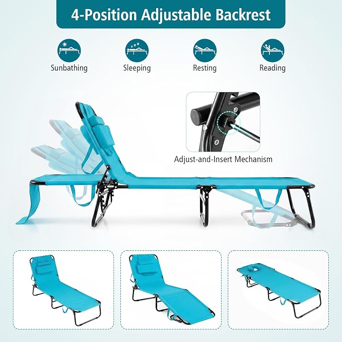 Folding Beach Lounge Chair w/ 5 Adjutable Backrest & Padded Pillow, Sunbathing Lounger Chair, Sun Tanning Lay Flat Chair for Seaside Pool Deck, Max Load 330 LBS, No Assembly Required (Navy)