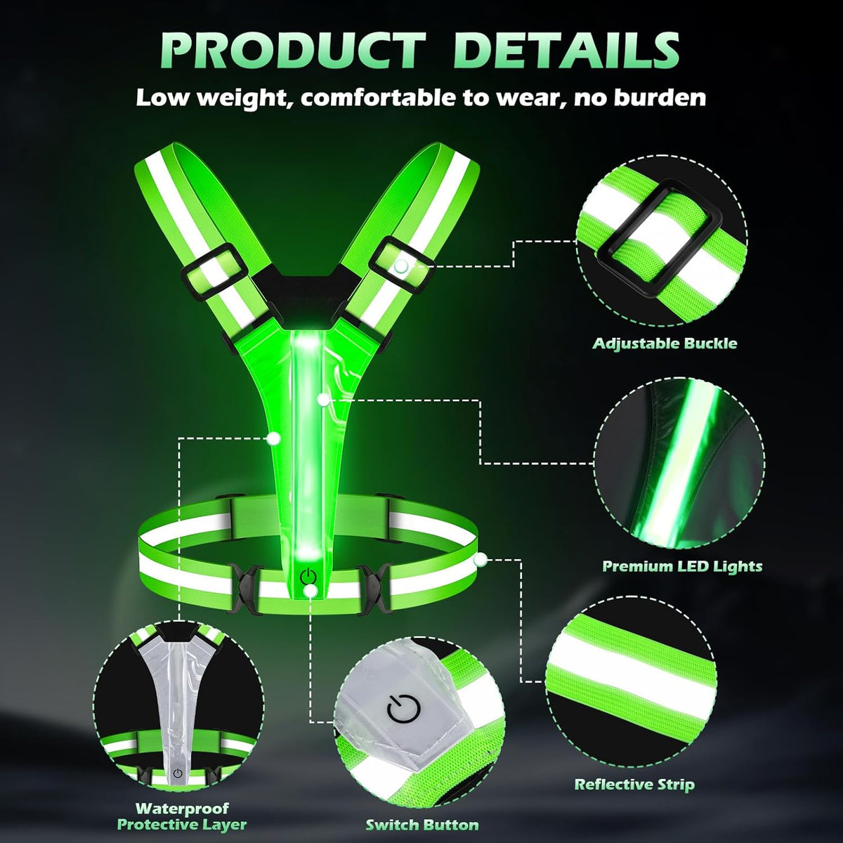 Skiennix LED Reflective Running Vest - Rechargeable Light-Up Safety Gear with 3 Modes & 5 Colors