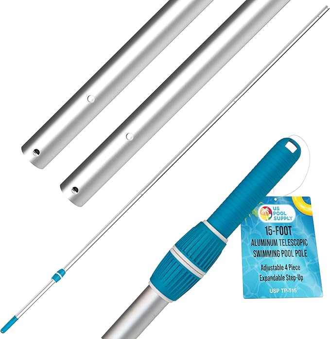 U.S. Pool Supply Telescoping Pole 15-Foot Aluminum Pool Pole Telescopic Cleaning, Adjustable 4 Piece Expandable Step-Up - Twist Locking Cams, Attach Connect Skimmer Net Rake Brush Vacuum Heads Hoses