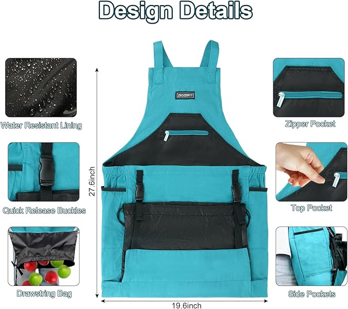 Garden Apron,Harvest Aprons with Drawstring Bag and Pockets for Women and Men,Canvas Fruit Picking Apron