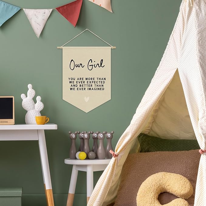 Girls Room Decor, Girl Nursery Linen Canvas Banner, You Are More Than We Ever Expected Neutral Wall Hanging Pennant Flag Banner for Girl Kids Toddler Room Bedroom Playroom Decor, 15x11in