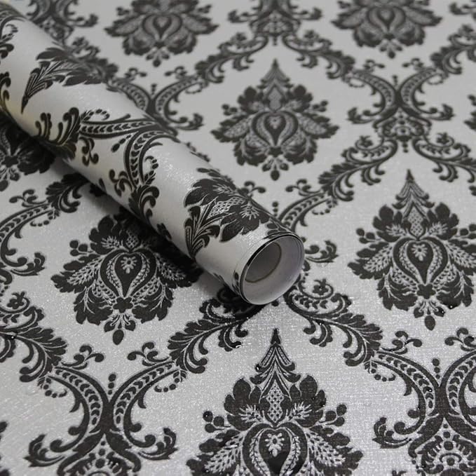 17.7" x 197" Peel and Stick Wallpaper Black Vintage Wallpaper Damask Contact