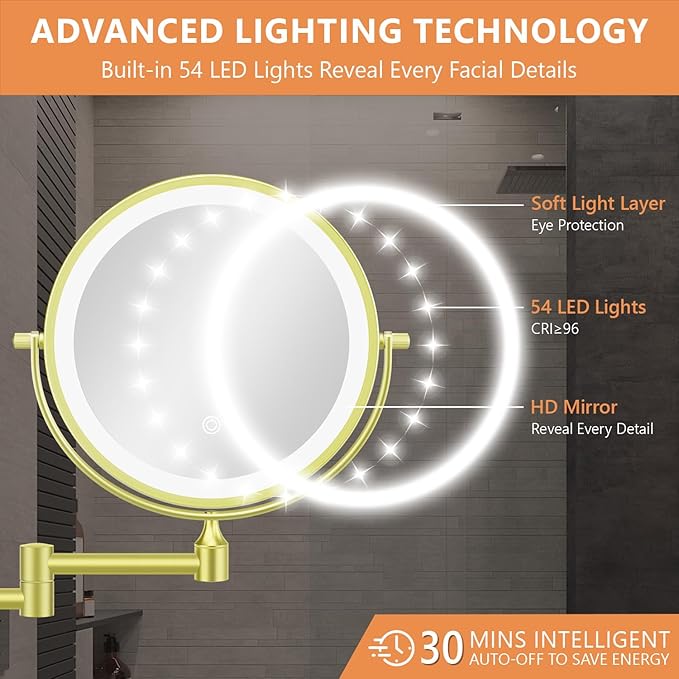 Auxmir 8'' Wall Mounted Lighted Makeup Mirror, 3200mAh Rechargeable