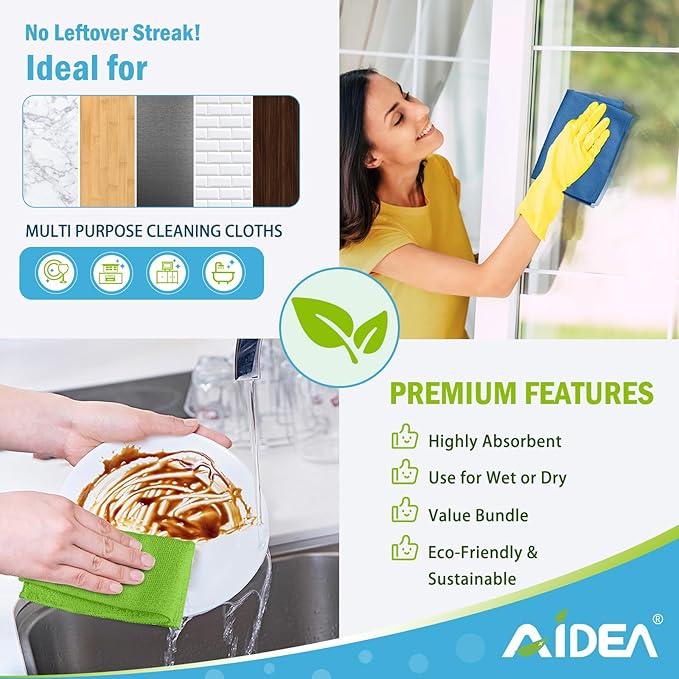 AIDEA Microfiber Cleaning Cloth, 10PK, Soft Absorbent Rags, Microfiber Towels for Cars, Kitchen Towels, Dusting Cloth for Home, Window, Cleaning Supplies, 12"??12"