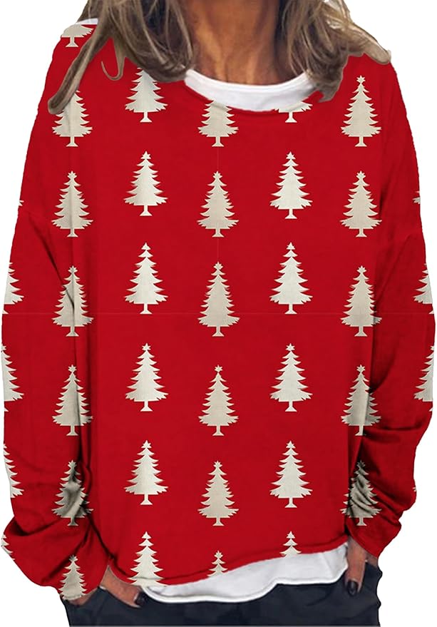 LOAIHA Christmas Shirts for Women Crewneck Snowman Snowflake Santa Graphic Shirts Christmas Tree Long Sleeve Xmas Hoodie